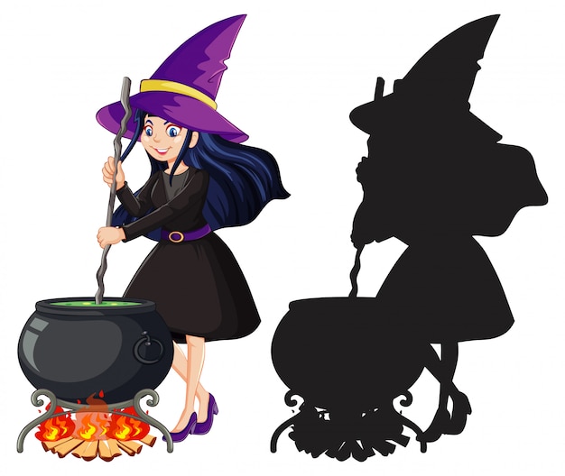Witch in color and silhouette cartoon character isolated on white background