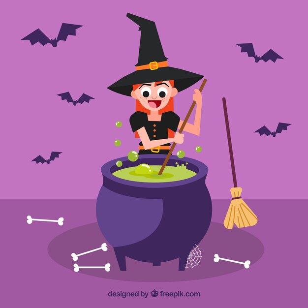 Witch cooking with a magic pot