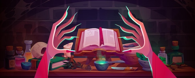 Free vector witch hands conjure over spell book and potion