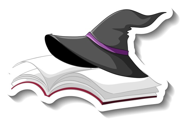 Witch hat on the book cartoon sticker on white background