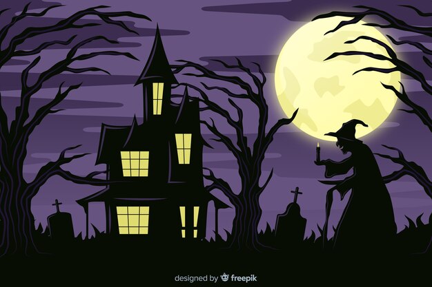 満月の夜背景に魔女とお化け屋敷