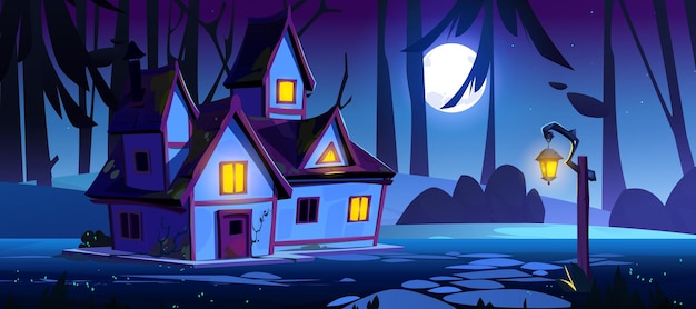 Free vector witch house in forest landscape at night vector