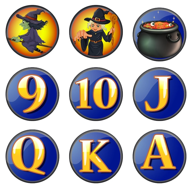 Free vector witch and letters on round badges