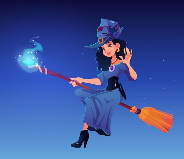 Witch on a magic broom cartoon illustration