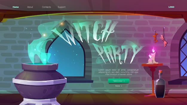 Witch party banner with magic potion boiling in cauldron at night