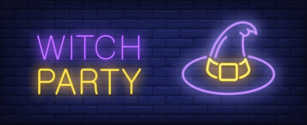 Witch party purple and yellow neon style lettering. hat on brick background.