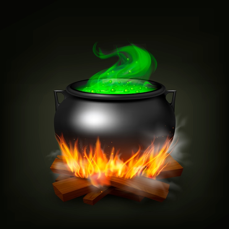 Free Vector witch pot on fire wood with green potion and steam on black background realistic  illustration