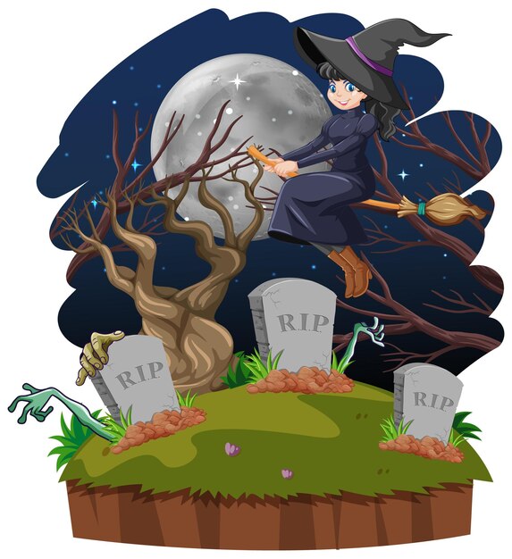 Witch rides broomstick across the tomb isolated on white background