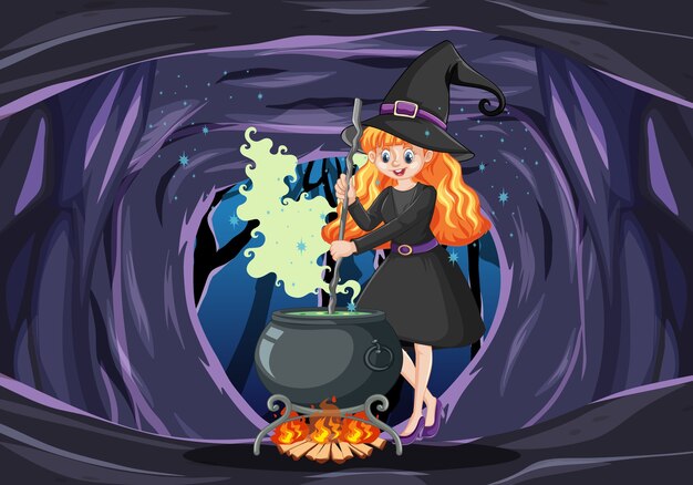 Strega con stile cartone animato pentola magica nera su sfondo scuro della caverna