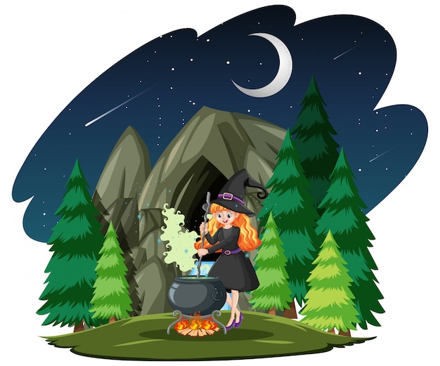 Free vector witch with black magic pot cartoon style on dark forest background