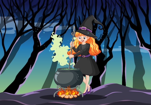 Witch with black magic pot cartoon style on dark forest background