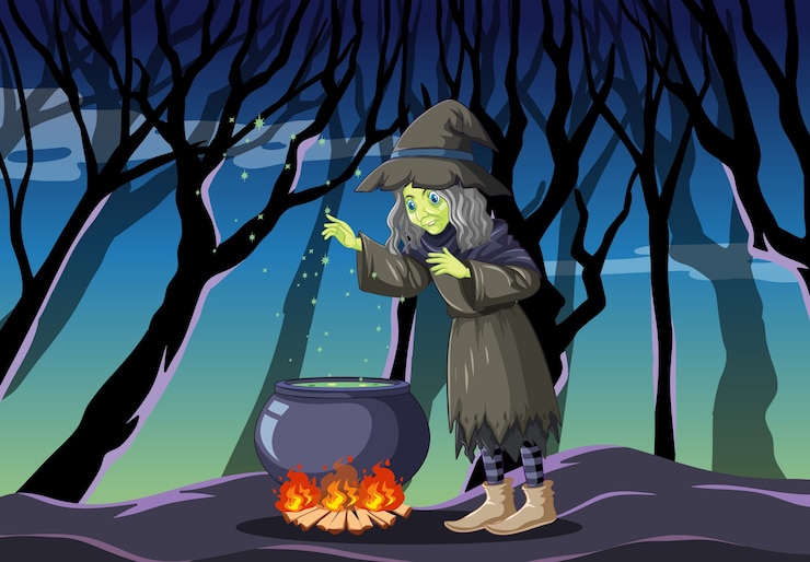 मुफ़्त वेक्टर witch with black magic pot cartoon style on dark jungle 