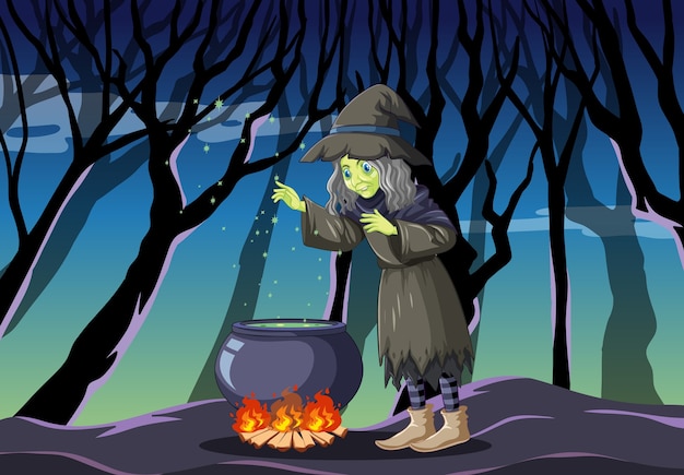 Witch with black magic pot cartoon style on dark jungle 