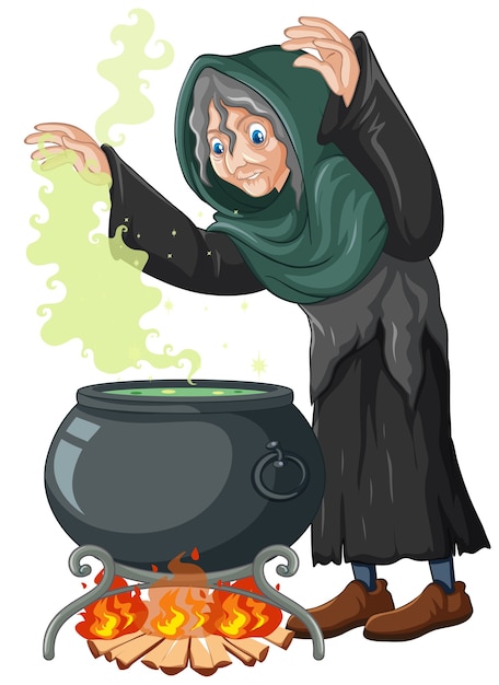 Witch with black magic pot cartoon style isolated on white 