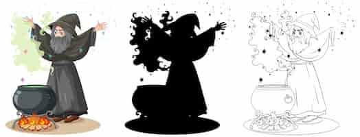 Бесплатное векторное изображение Ведьма с черным волшебным горшком в цвете и очертании и силуэте мультипликационного персонажа, изолированного на белом фоне