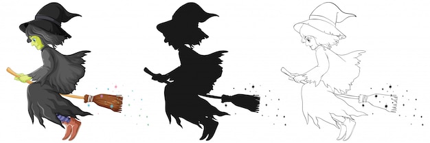 Free vector witch with broomstick in color and outline and silhouette cartoon character isolated