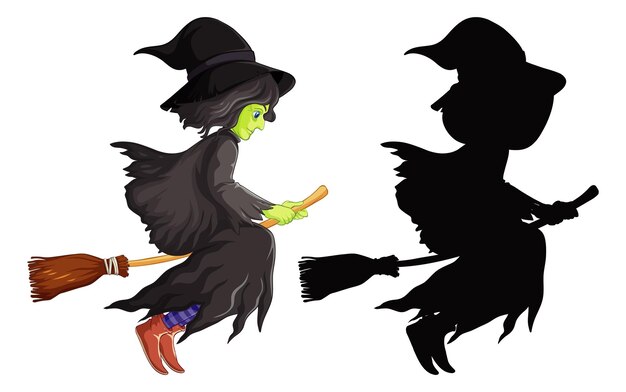 Ведьма с метлой в цвете и силуэт мультипликационный персонаж, изолированные на белом фоне