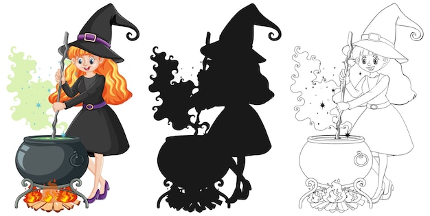 Witch with magic pot in color and outline and silhouette cartoon character isolated on white background