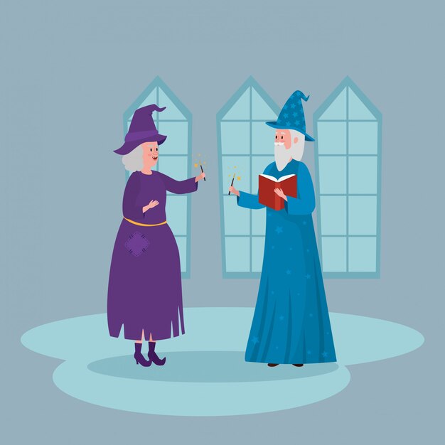 Witch with wizard in castle