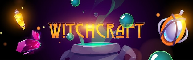 Witchcraft cartoon banner with magic cauldron