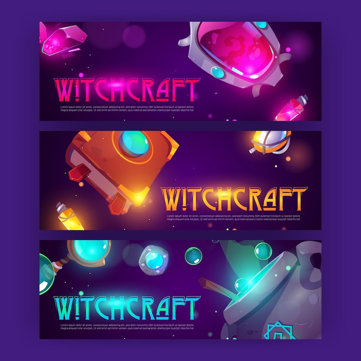 Free Vector witchcraft cartoon banners with magician stuff