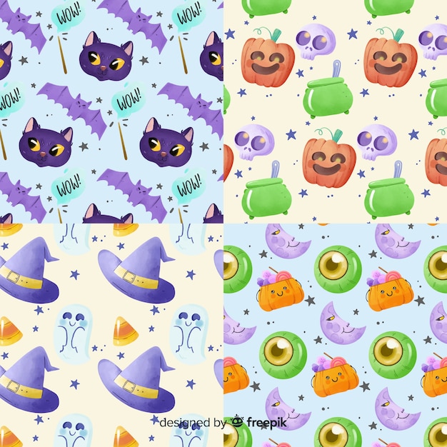 無料ベクター 水彩ハロウィーンパターンコレクションの魔術