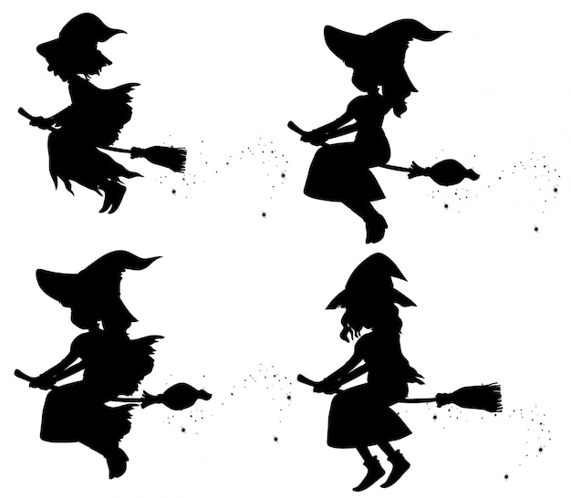 かわいい金髪の魔女がほうきを飛んで座っています 魔女の紫の帽子と服 漫画のキャラクター 美しい女性 白い背景の上の図 プレミアムベクター