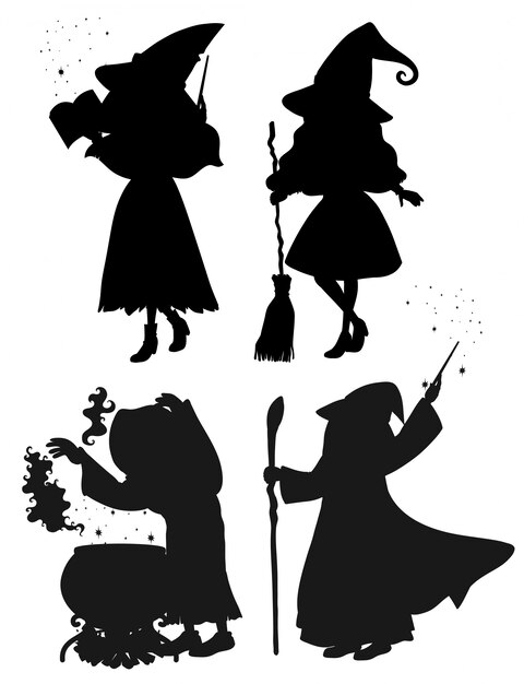 Witches in silhouette cartoon character  on white background
