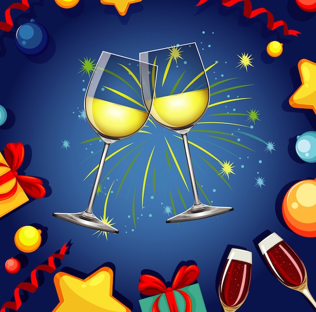 Free vector with two glasses of champagne and fireworks