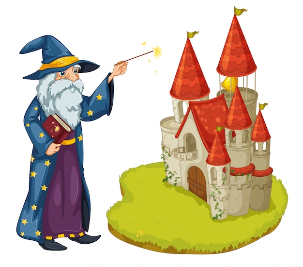 Free vector a wizard holding a book and a magic wand in front of the castle