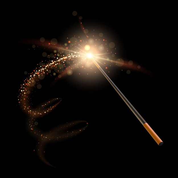 Wizard magic wand. sparkles wizard glitter golden trail and miracle  magician wand, magical stick with sparkle transparent lights  illustration. mystery illusion concept