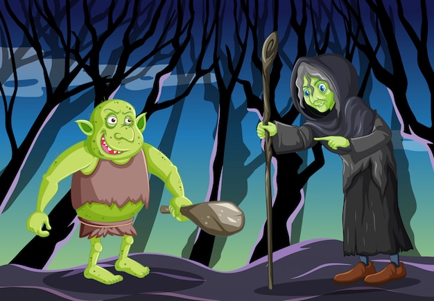 Бесплатное векторное изображение Волшебник или ведьма с гоблином или троллем на фоне темного леса
