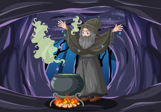 Волшебник или ведьма с волшебным горшком на темном фоне пещеры