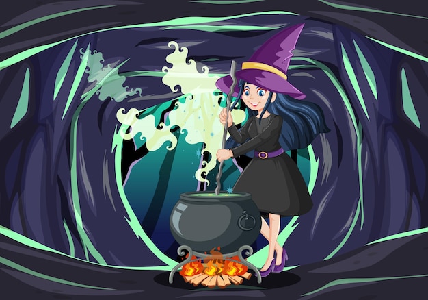 Vettore gratuito mago o strega con pentola magica su sfondo scuro della grotta