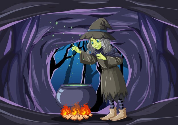 暗い洞窟のシーンで魔法使いと魔法の鍋を持つ魔女