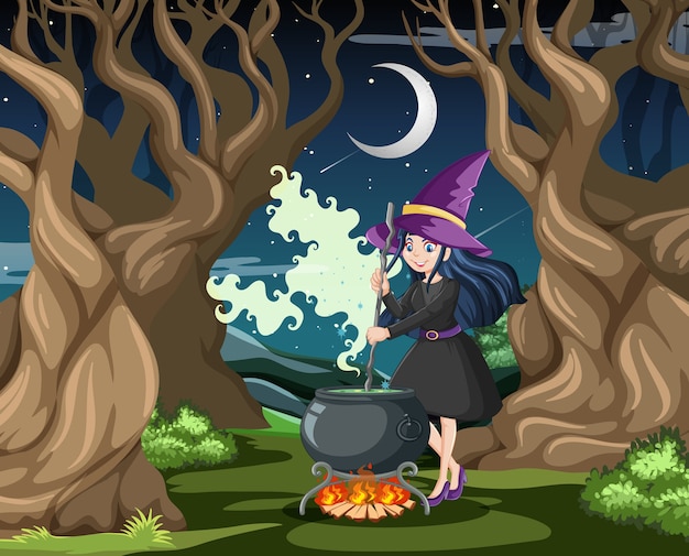 Free vector wizard or witch with magic pot on dark forest background