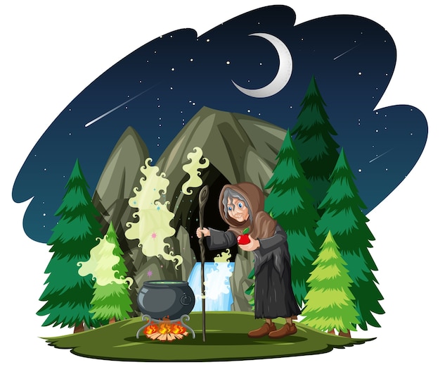 Free vector wizard or witch with magic pot on dark forest