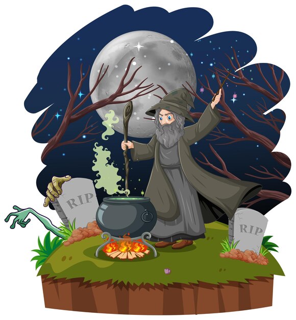 Wizard or witch with magic pot and tomb cartoon style isolated on white background