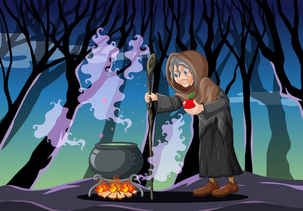 Free vector wizard with black magic pot cartoon style on dark forest background