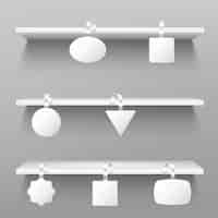 Free vector wobblers on wooden shelves. blank price tags.