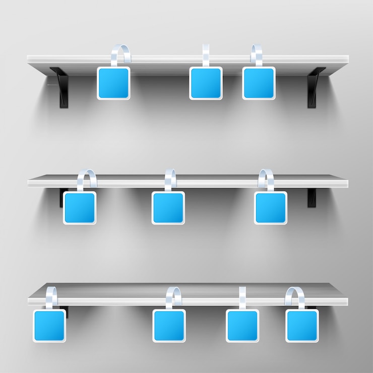 Free Vector wobblers on wooden shelves.
