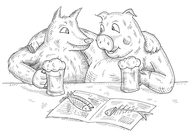Волк и свинья сидят, обнявшись, с бокалами пива и рыбой на газете. винтаж векторный черный штриховка иллюстрации, изолированные на белом фоне. ручной обращается элемент дизайна для футболки