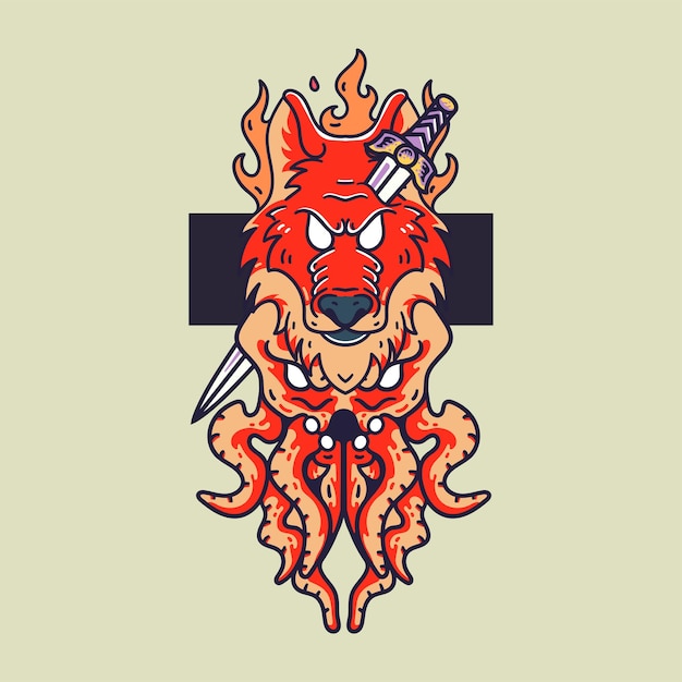 Wolf fire and octopus Illustration Retro style For t-shirt
