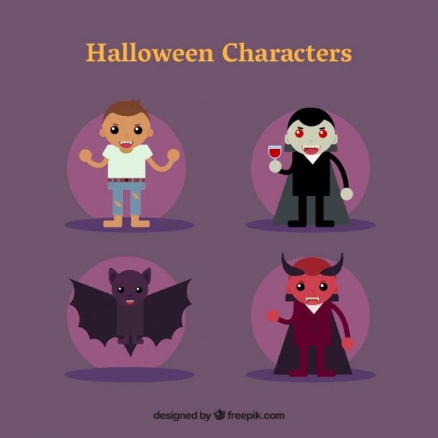 A wolf man,  dracula, a bat and a devil