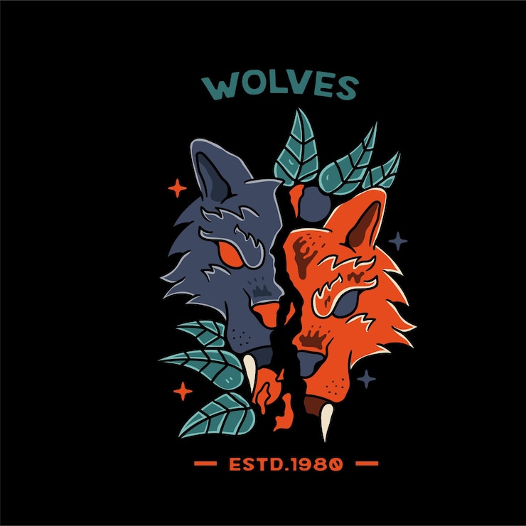 無料Vector tシャツとタトゥーのスカルオレンジイラストと狼