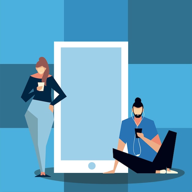 Женщина и мужчина, стоящие возле большого смартфона и использующие мобильную иллюстрацию