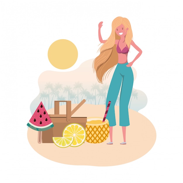 Free vector woman on the beach with picnic basket