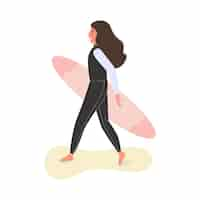 Free vector woman in black wetsuit standing with surfboard on beach