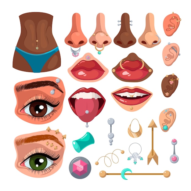 Free vector woman body parts with piercings vector illustrations set