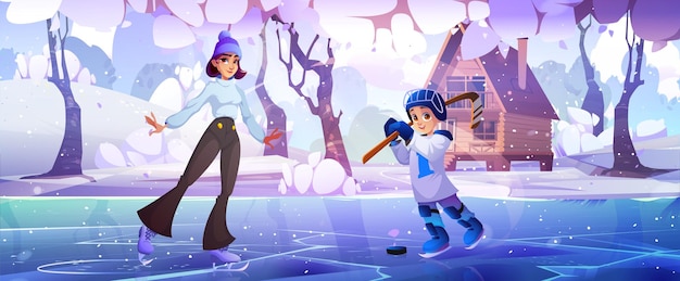 Free vector woman and boy skating on ice lake in snowy forest